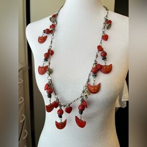VTG Hand Carved Long Red Cat Wood Fetish Necklace Brass And Glass Bead 30”